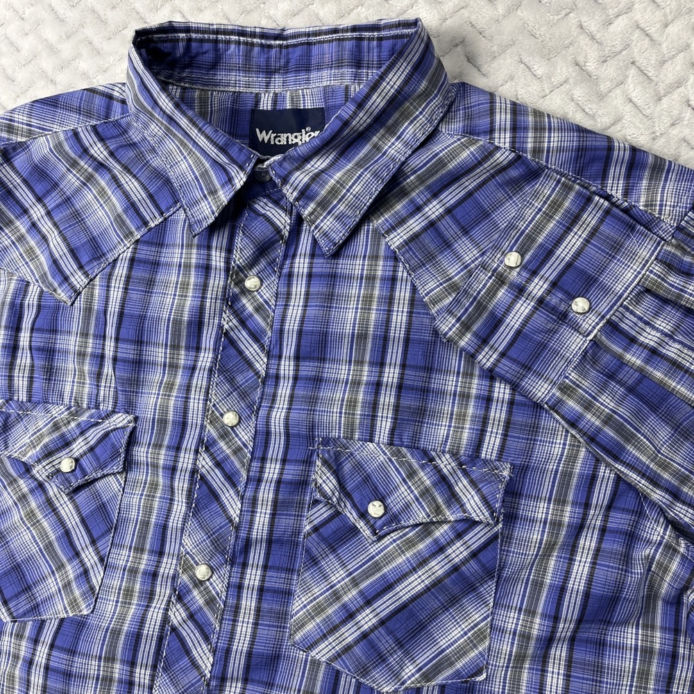 Wrangler Mens XL Pearl Snap Long Sleeve Blue Plaid Shirt Button Down